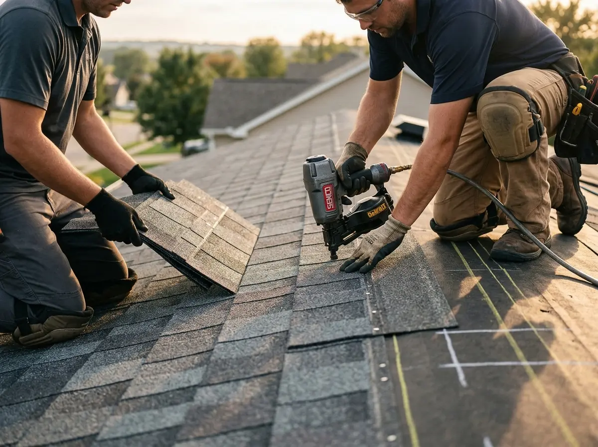 Professional roofer working on a residential roof in Costa Mesa
